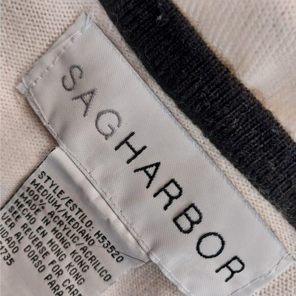 SAG HARBOR! CREAM FAUX TWINSET W/BLACK RIBBON, BEAD, MINI SEQUIN TRIM! SZ M - Picture 6 of 9